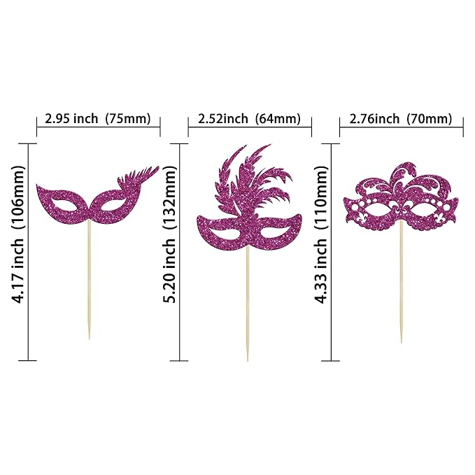 Gyufise 24Pcs Masquerade Masks Cupcake Toppers Purple Glitter Bachelorette Mask Cupcake Topper Mask Cake Picks Decorations for Masquerade Mardi Gras Party Baby Shower Birthday Party Supplies