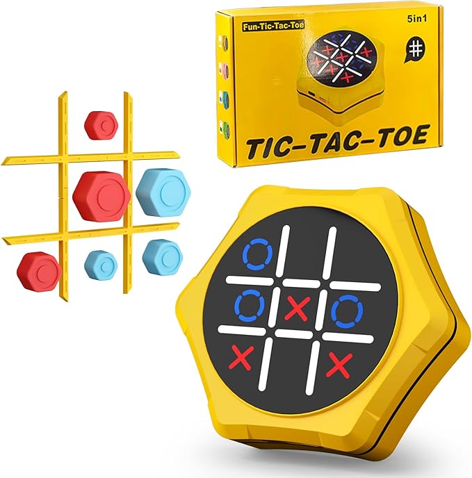 Tic Tac Toe Bolt Game,5 in 1 Handheld Puzzle Games Console,Electronic Tic Tac Toe Game for Educational&Memory,Portable Travel Games for Car Ride with Silent Mode,Toys Gift Idea for Kids&Family-Yellow