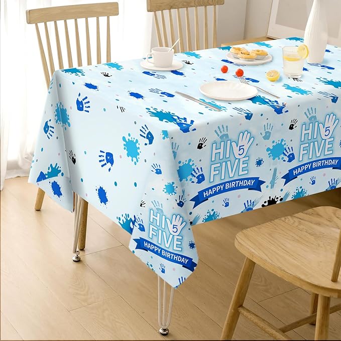 3Pcs Hi Five Party Tablecloth High Five Birthday Plastic Table Cover Waterproof Officially a Handful 5th Birthday Disposable Table Cloth for Boys Girls 5th Years Old Party Decorations, 54 x 108 Inch