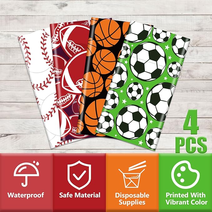Sports Table Cloth - 4 Sports Plastic Tablecloths for Baseball Football Soccer Basketball Theme Supplies, 51 x 86 inch