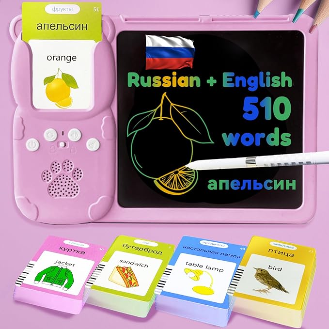 Drawing Tablet with Bilingual Flashcards for Kids - Russian English Talking Flash Cards, LCD Writing Pad Board, Pocket Speech for Toddlers, Learning Toy Gift for Boys Girls (Russian, Pink)