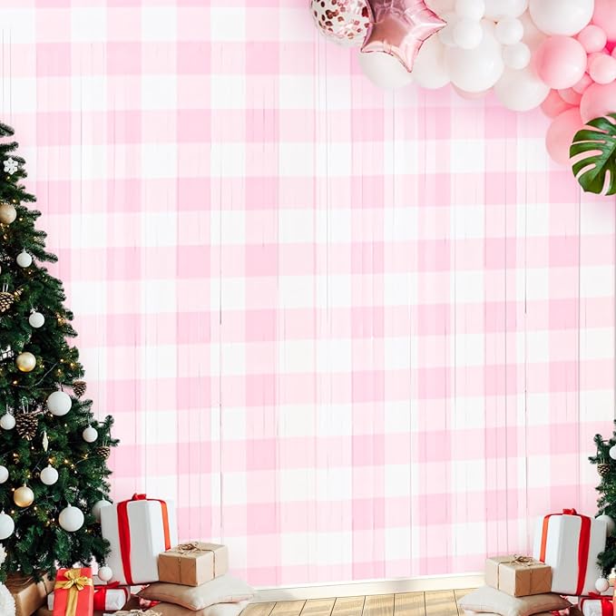 2 Pcs Pink Gingham Party Decorations 3.3 x 6.6 ft Pink and White Checkered Foil Fringe Curtains Backdrop Tinsel Streamers for Wedding Birthday Baby Shower Party Decor Supplies