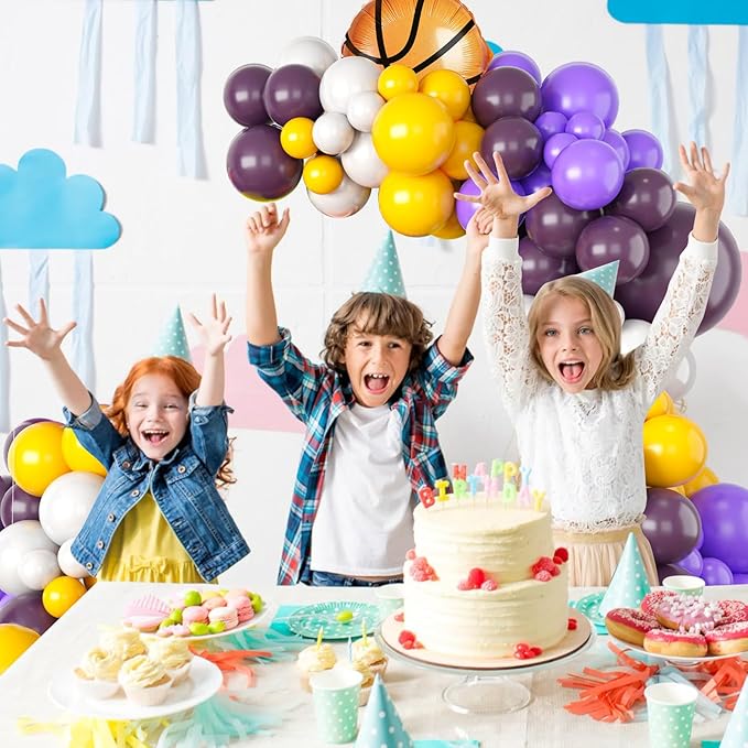 Purple Yellow Balloon Garland Arch Kit,Dark Purple White Latex Balloons with Basketball Foil Balloon for Boys Girls Birthday Graduation Party Decoration,Basketball Sport Theme Party Decor Supplies
