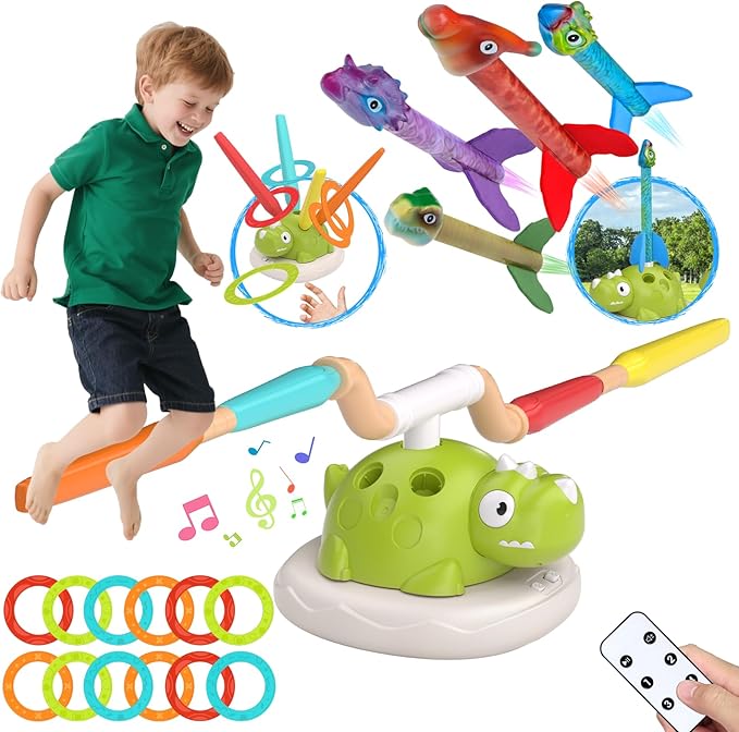 Indoor Outdoor Games for Kids Easter, 3 in 1 Musical Jump, Ring Toss Game & Stomping Rocket Launcher for Kids, Dinosaur Sports & Outside Play Activities Toys with Remote Control for Toddlers 4-8
