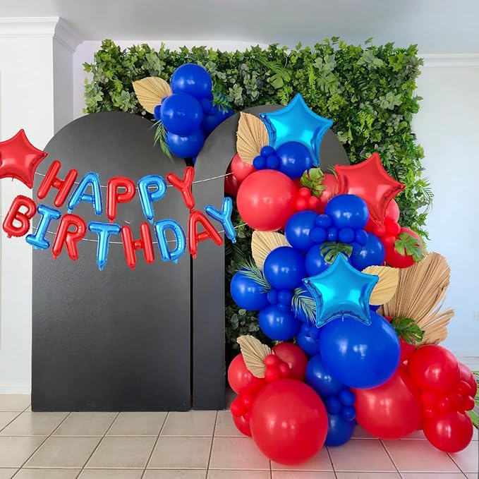 29PC Blue and Red Happy Birthday Balloon Banner, 16Inch 3D Aluminum Letter Banner Sign, Red Blue and Silver Balloons 18 Inch Star Foil Balloon for Women, Men Party Supply
