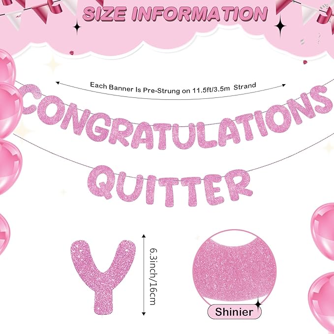 Fulmoon Pre Strung Congratulations Quitter Glitter Banner Funny Retirement Banner Graduation Party Decorations Going Away Supplies Garland for Men Women Gifts, No DIY (Pink)