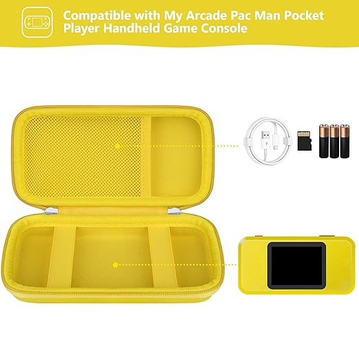 Supmay Hard Travel Case for My Arcade Pac Man Pocket Player Handheld Game Console, Portable Video Game System Handheld Game Protection Case with Mesh Pocket for Batteries and USB-C Cable, Yellow