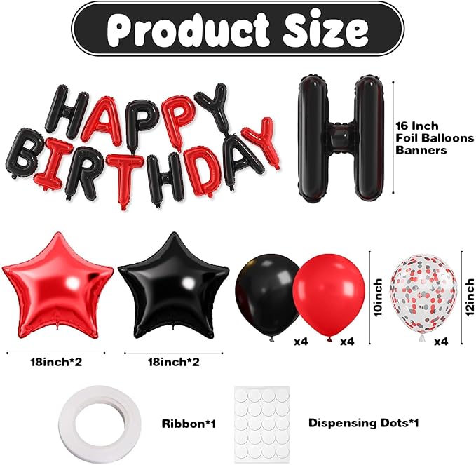 29PC Red Black Happy Birthday Balloon Banner, 16 Inch 3D Letter Banner Sign, Black Red Confetti Latex Balloons Helium 18 Inch Star Foil Balloons for Kids, Women, Men Birthday Party Decor