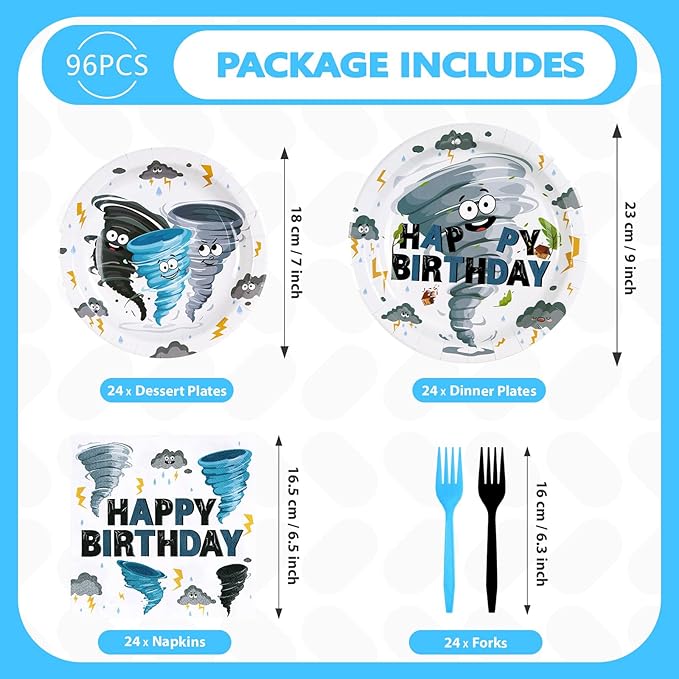Grencian 96Pcs Tornado Birthday Party Decorations Blue Grey Tornado Birthday Plates and Napkins Disposable Paper Tableware for Boys Girls Kids Baby Shower Party Supplies, Serves 24