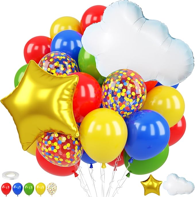 Red Yellow Blue Balloons, 12 Inch Red Yellow Blue Green Confetti Balloons with Cloud and Star Foil Balloon for Birthday Baby Shower Carnival Circus Party Decoration