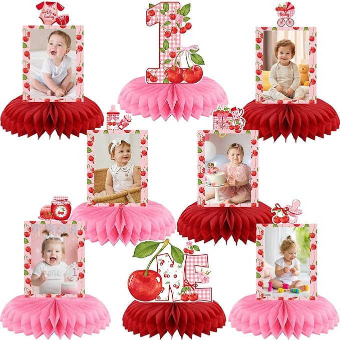 Cherry Birthday Decorations, Cherry Sweet One Party Decorations Honeycomb Centerpiece for Table, Cherries Photo Table Centerpiece for Fruit Girl Birthday Party Decor Supplies