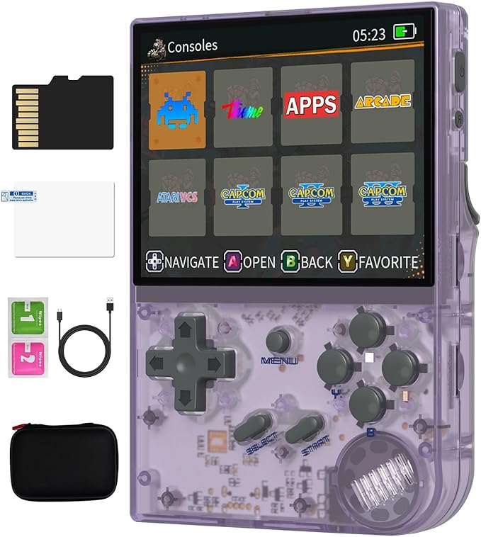 RG35XX Handheld Game Console Support Linux Garlic OS HDMI and TV Output 3.5 Inch IPS Screen 64G TF Card 6800+ Classic Games 2600mAh Battery (RG35XX-purple+Bag)