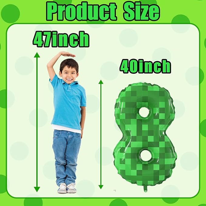 40 Inch Giant Green Pixel Miner Theme Number Foil Balloons Large MIning Number 8 Balloons Party Balloons Birthday Party Decorations Supplies Number 0-9 Available for Kids' Birthday Anniversary Party