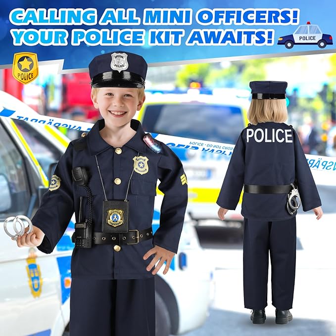 Police Costume for Kids, Cop Pretend Play Toys for Dress Up, Role Play Set with Handcuffs, Flashlight, Police Badge for Kids Boys and Girls 3-8, Halloween Costumes, Birthday Christmas Gifts