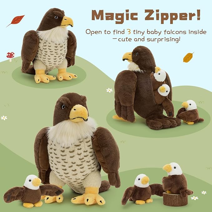 4 Pcs Peregrine Falcon Stuffed Animals Family Set - Big Parent Falcon Plush 14" - Included 3 Detachable Baby Birds with Magic-Tab Wings