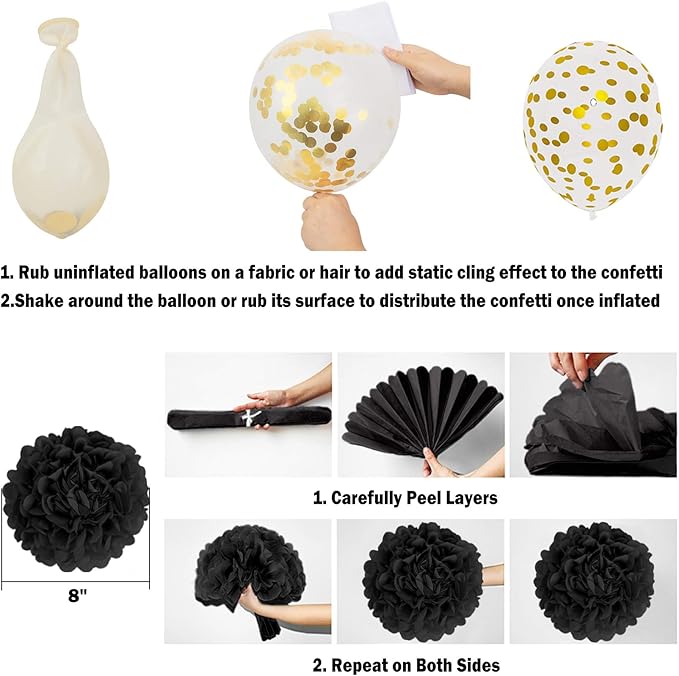 Amandir Black Gold Birthday Decorations for Men Women Black Gold White Confetti New Year Balloons Happy Birthday Banner Pom Poms Metallic Fringe Curtains 18th 30th 40th 50th 60th Party Supplies