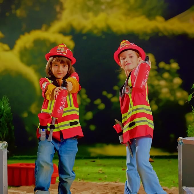 Klein: PRO Firefighter Costume - Red & Yellow - 5pc Set, Dress Up Outfit & Toy Accessories, Megaphone-Crowbar-Badge-Helmet, Pretend Play, Kids Ages 3+