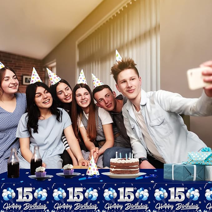 3 Pack Blue Silver 15th Birthday Tablecloth Decoration for Boy, Navy Blue Happy 15 Table Cover Party Supplies, Fifteen Years Old Birthday Disposable Rectangular Table Cloth for Indoor Outdoor