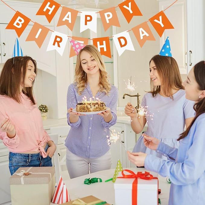 Orange Happy Birthday Banner Sign Birthday Bunting Banner Garland for Kids Girl Woman Tea Party Decorations Bunting Flag Party Supplies