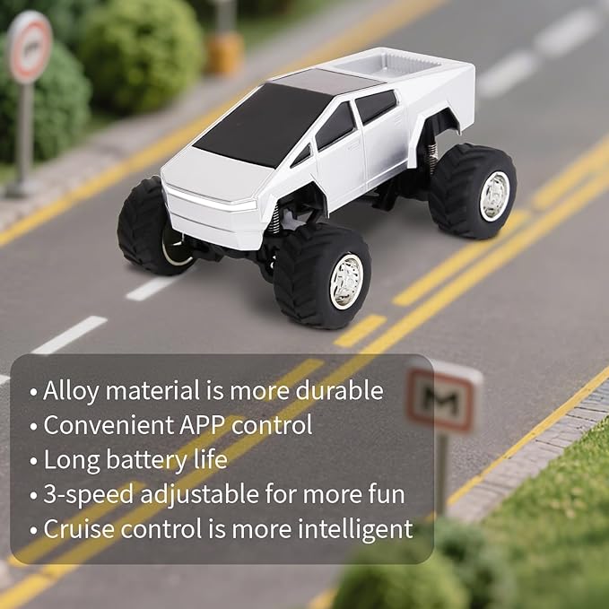 Mini Rc Truck, 1:64 Scale Monster Truck Remote Control Car with Lights, 2.4Ghz & APP Remote Control, Rechargeable Alloy Shell Mini RC Cars with Lights, Speed/Steering Adjustable (Silver)