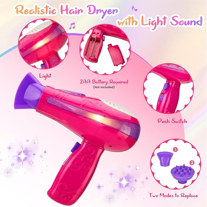 Hair Salon Toys for Girls,34Pcs Pretend Play Makeup Beauty Hair Styling Set with Blow Dryer, Mirror,Barber Apron, Scissors and Stylist Accessories Girls Toys for 3-9 Year Old