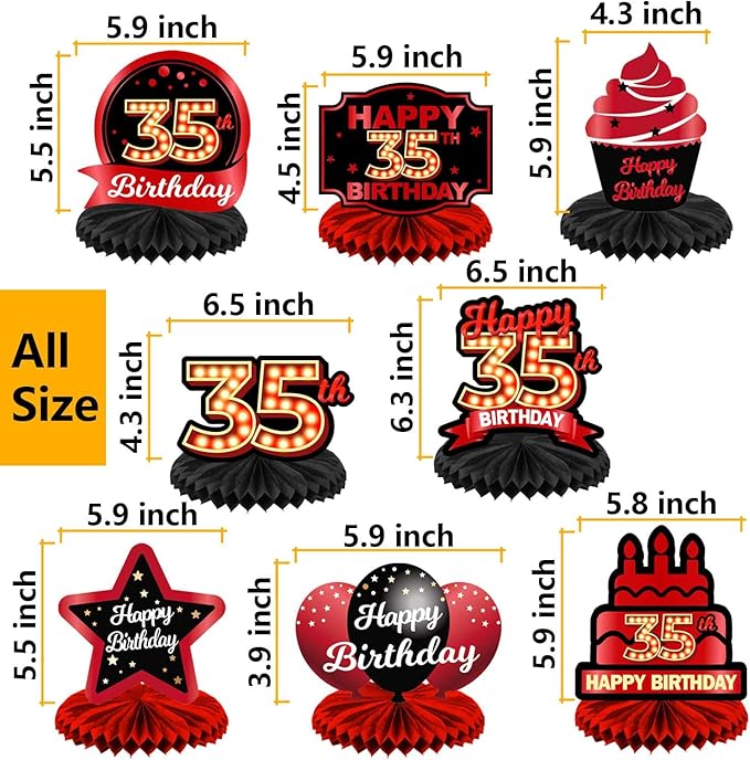 Happy 35th Birthday Red and Black Table Honeycomb Centerpieces Balloons Theme Decor Table Decorations Table Toppers for Girls Women Princess 35 Years Old Birthday Party Bday Supplies Background Gold