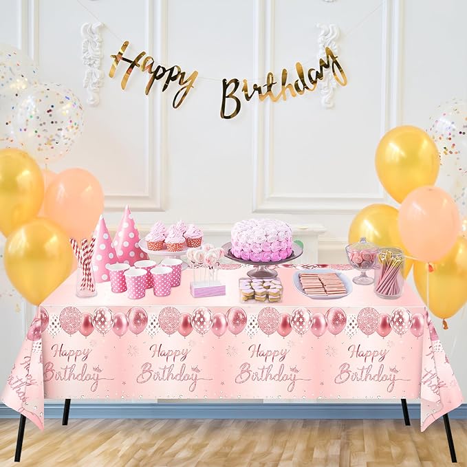 WNINK 6 Pack Pink & Rose Gold Happy Birthday Tablecloths, Disposable Plastic Rectangular Table Covers for 6th 21st 30th 40th 50th Women Girls Birthday Party 54 x 108 Inches