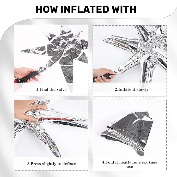 6 Pcs Silver Star Foil Balloons One-Piece 14-Pointed Star Balloon 4D Starburst Cone Mylar Balloon 22inch Christmas Birthday Wedding Wedding Anniversary Party Supplies (Silver + Caramel Colour)