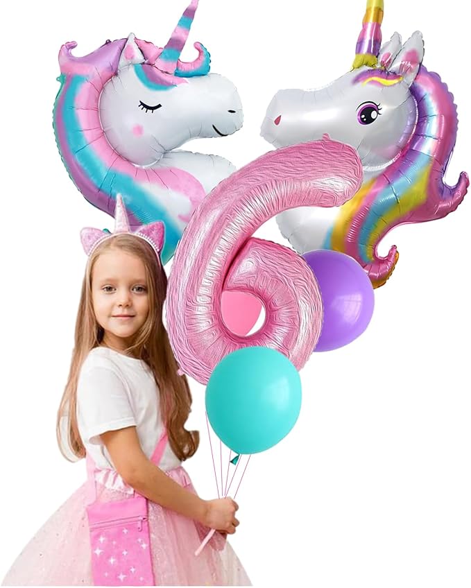 Yancan 6th Unicorn Birthday Decorations for Girls, 6 year old Girl Party Supplies with Happy Birthday Banner, Unicorn Balloons