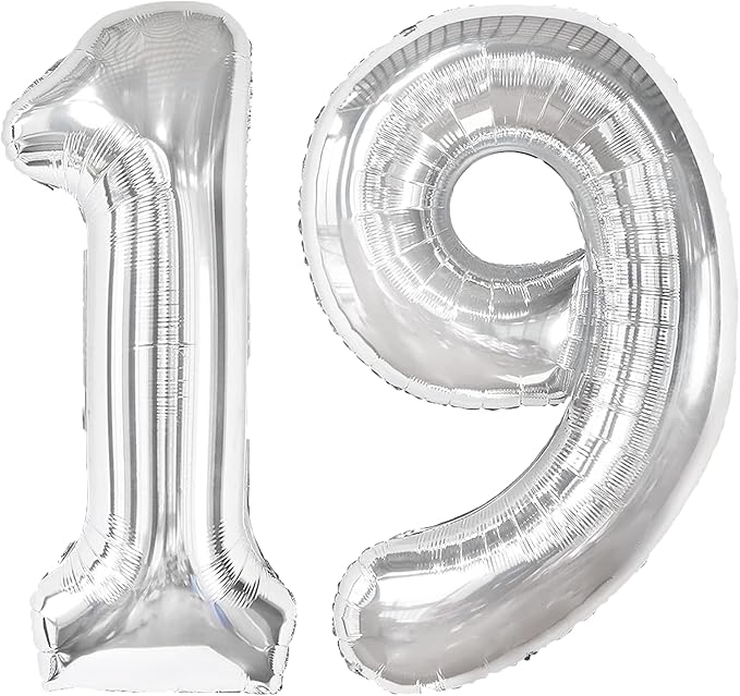 40 Inch Silver Number 19 Digital Balloon,Jumbo Mylar Foil Helium Balloon for 19 Balloons for Birthday Party,Wedding Anniversary Party Decorations