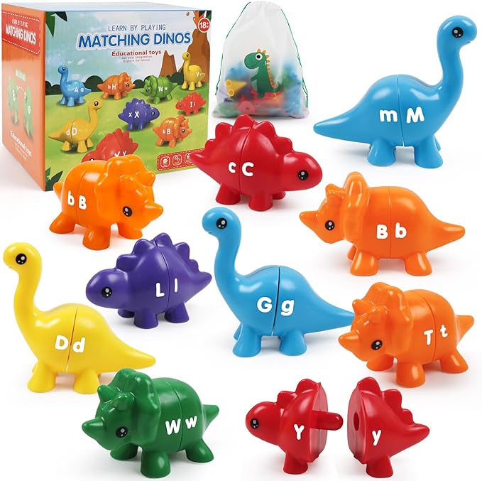 26pcs Alphabet Dinosaurs Matching Toy, Toddlers ABC Learning Dinosaurs with Uppercase Lowercase, Match and Snap Fine Motor Game Preschool Learning Activities, Birthday Gifts for Boys & Girls