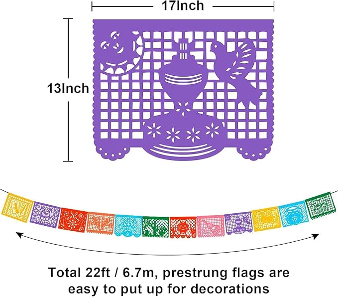 12 Packs Mexican Banners 264 Ft Papel Picado Banner, Large Plastic Mexican Fiesta Banners Cinco de Mayo Party Fiesta Decorations Mexican Themed Birthday Party Supplies 12 Patterns with String