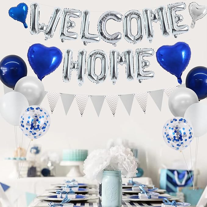 TONIFUL Welcome Home Decorations,16 Inch Silver Welcome Home Foil Balloon Banner Blue Silver Confetti Balloons Pennant Flag Bunting for Homecoming Party House Warming Party Family Gathering Supplies
