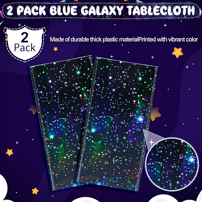 2Pcs Iridescent Space Tablecloths, Disposable Plastic Blue Galaxy Table Cloth Rectangle Table Covers for Space Starry Night Star Theme Party Birthday Party Decorations, 54x108 Inch