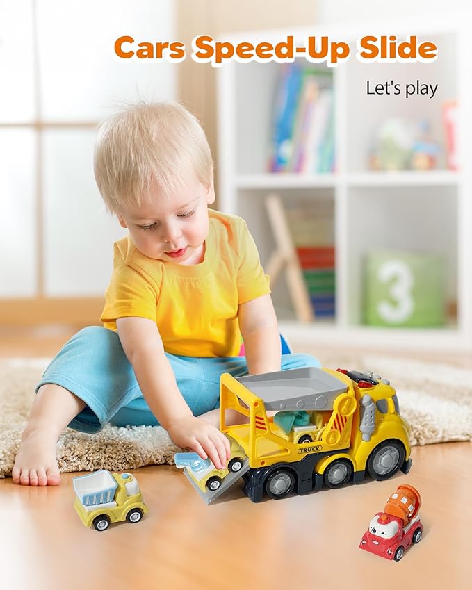 Construction Car Carrier Toys Set for 3 4 5 6 Years Old Toddlers Boys & Girls Gift, 4 Small Cartoon Cute Cars Trucks Crane Mixer Excavator Dump, Sound and Light Big Truck with Slide, 7.6*3.5*4.1 INCH