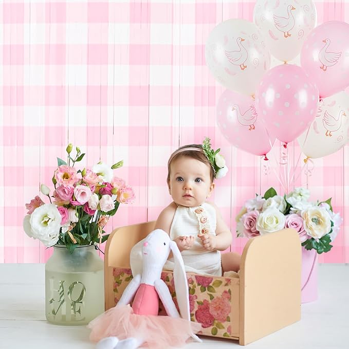 2 Pcs Pink Gingham Party Decorations 3.3 x 6.6 ft Pink and White Checkered Foil Fringe Curtains Backdrop Tinsel Streamers for Wedding Birthday Baby Shower Party Decor Supplies