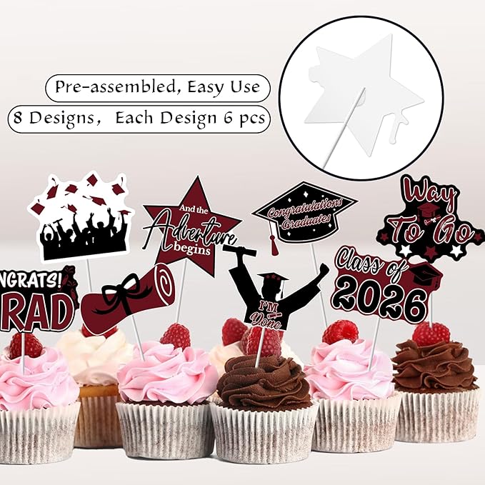 2026 Graduation Cupcake Toppers - 48 Pcs Maroon Graduation Party Supplies Mini Cake Food/Appetizer Picks For Class of 2026 Graduation Decorations