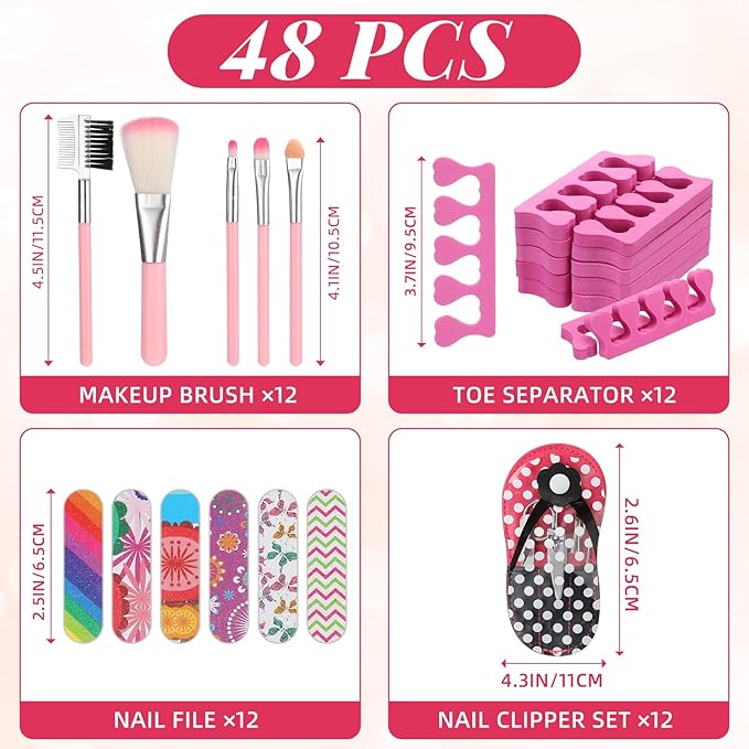 12 Sets Spa Sleepover Party Supplies Party Favors Include Nail Clipper Set, Makeup Brushes, Rose Red Toe Separators, Nail Files for Women Spa Movie