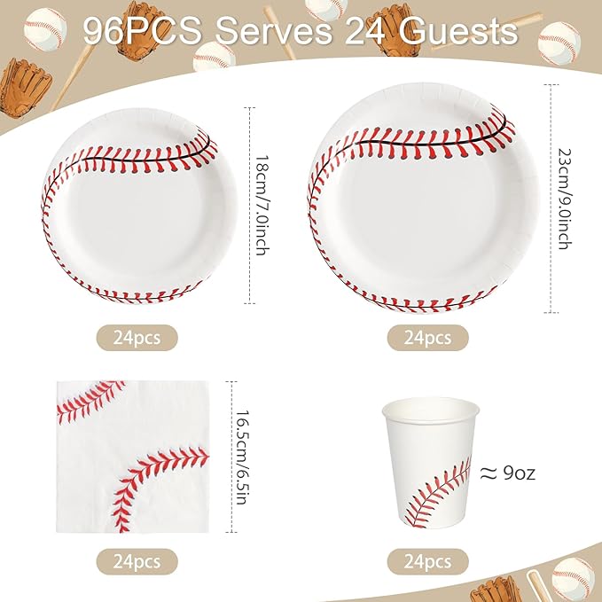 96pcs Baseball Paper Plates Baseball Field Party Plates and Napkins Cups Disposable Tableware Set for 24 Guest Kids Birthday Party Celebratory Banquet Table Supplies Decorations