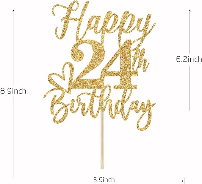 Gold Glitter Happy Birthday Cake Topper, Funny Party Supplies (24th Birthday)