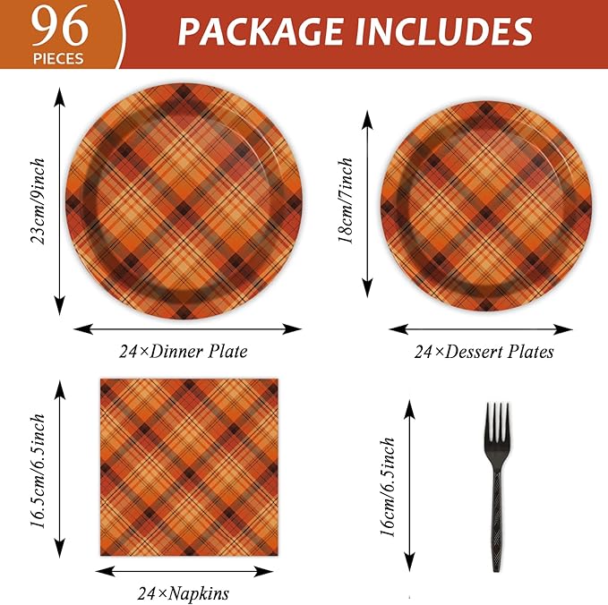 gisgfim 96 Pcs Thanksgiving Fall Orange Plaid Party Supplies Paper Plates Napkins Autumn Party Disposable Tableware Birthday Decorations Favors Serves 24