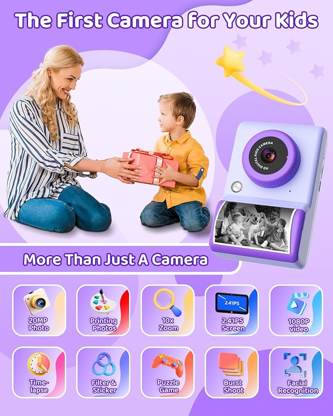 Kids Camera Instant Print, 20MP 1080P Video Instant Print Camera for Kids with 32GB SD Card, 240 Photos Printing, Face Recognition, ABS Durable, Christmas Birthday Gifts for Ages 3-12