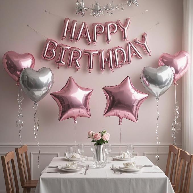 27 Pcs Pink Silver Birthday Decorations, 3D Letters Pink Happy Birthday Balloon Banner, Pentagram Heart Foil Balloons Confetti Balloons Kit For Boys Girls Party Supplies