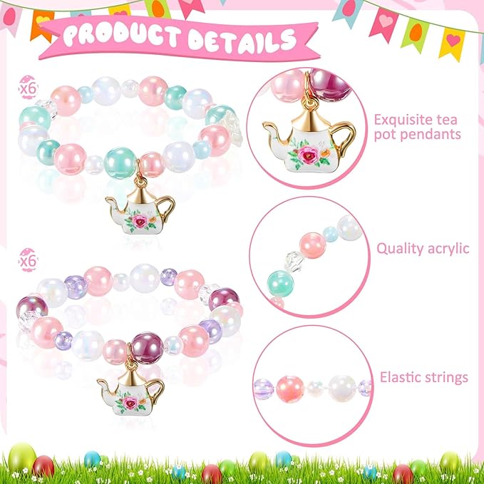 Ecally 12 Pcs Tea Party Favors Bracelet Bulk Tea Pot Beaded Bracelet Party Supplies Pendant Accessories Valentine's Day Decorations for Kids Girl