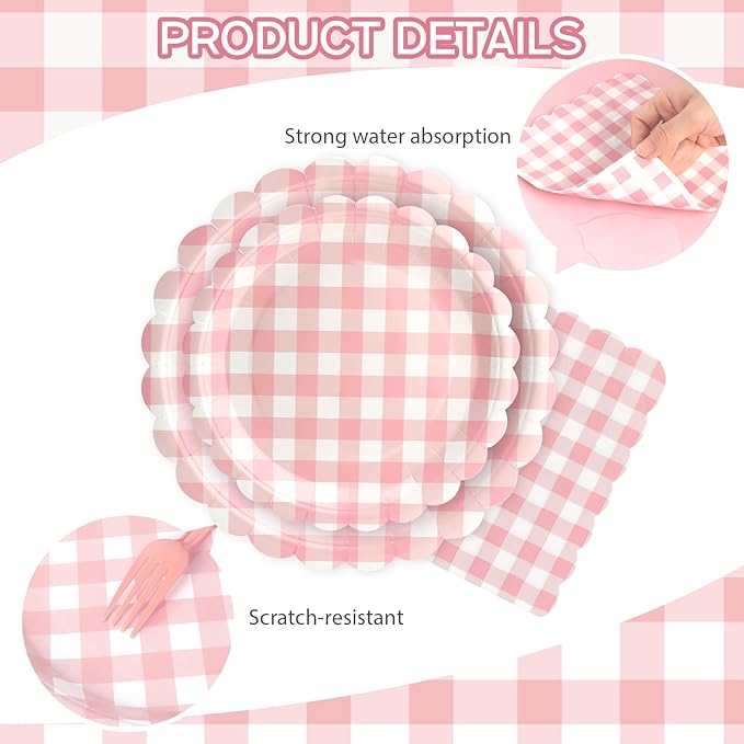 96Pcs Pink Gingham Plates and Napkins Forks Lace Plaid Paper Plates for 24 Guest Picnic Wedding Baby Shower Tea Kids Birthday Party Supplies Decrations