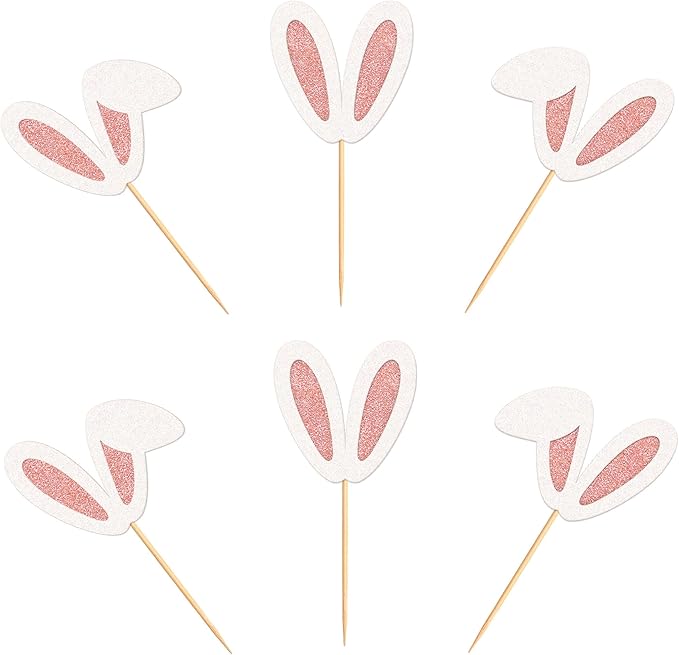 Ercadio 24Pcs Easter Bunny Ear Cupcake Toppers Glitter Rose Gold Rabbit Ears Cupcake Picks Easter Bunny Cupcake Toppers for Rabbit Kids Birthday Baby Shower Easter Wedding Anniversary Party Supplies