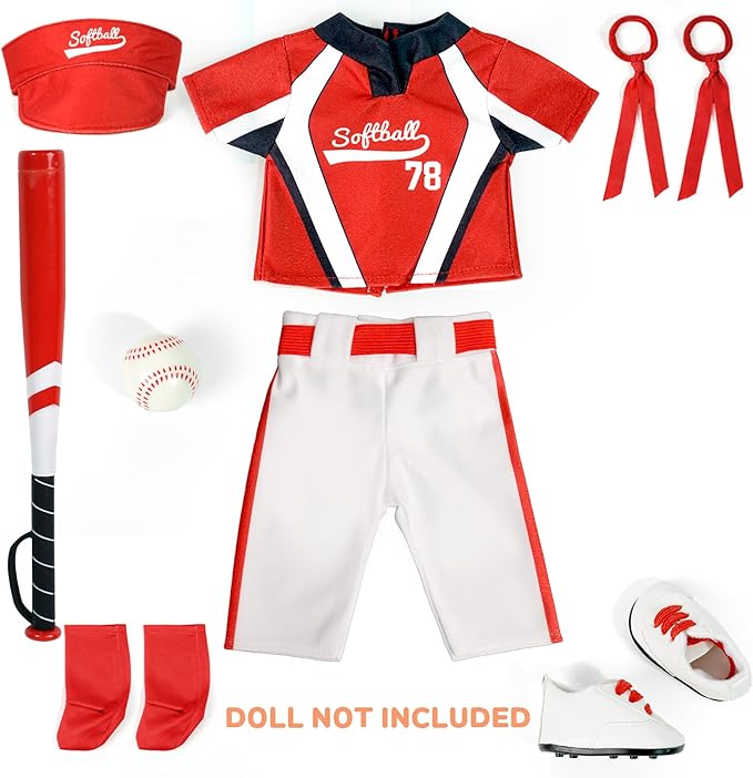 ARTST Softball Uniform Doll Outfit-18 inch Doll Clothes and Accessories Set-Hat Baseball Clothing Bat Shoes Socks, Valentine's Gifts for Girls&Boys Spring T-Ball