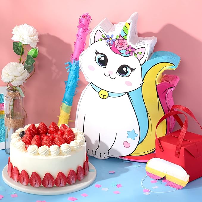 Aoriher Unicorn Cat Piñata with Blindfold and Bat, Caticorn Unicorn Cat Piñata Birthday Party Supplies for Party Favor Birthday Decorations, 16 x 11 Inch