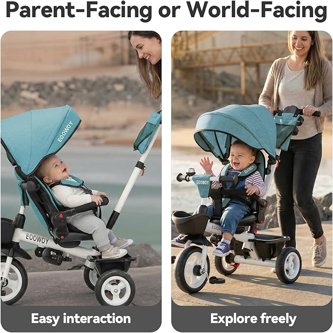 Toddler Tricycle with Push Handle, 7 in 1 Stroller Trike with 360° Swivel Seat, Reclining Backrest, All-Terrain Wheels, Dual Brakes, Canopy & Storage, Gift for Kids 18 Months to 5 Years, Green