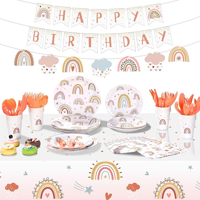 Hestya 145 Pcs Boho Birthday Party Supplies Include Rainbow Plates Tablecloth Cups Napkins Knives Forks Spoon Boho Happy Birthday Banner for Rainbow Baby Shower Party Decoration Supplies for 20 Guests